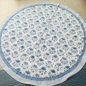 SAFFRON MARIGOLD Blue Floral Indian Block Print Round Tablecloth 70" Diameter